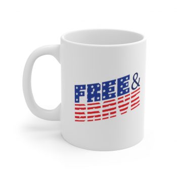 White Coffee Mug - USA Flag Free and Brave