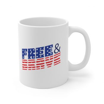 White Coffee Mug - USA Flag Free and Brave