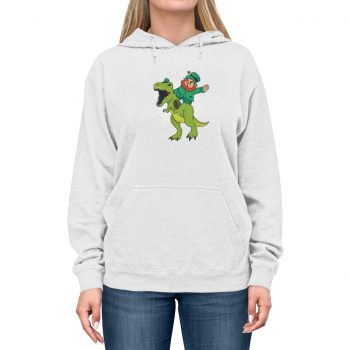 Adult Unisex Hoodie - Leprechaun Riding a Dinosaur T Rex