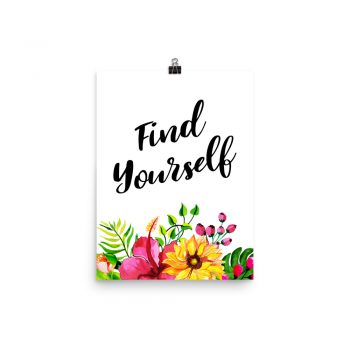 Poster Wall Art Portrait Print - Find Yourself - Watercolor Yellow Pink Hibiscus Flowers