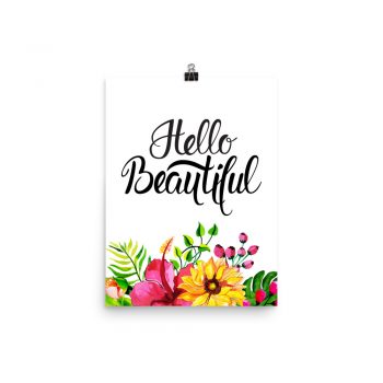 Poster Wall Art Portrait Print - Hello Beautiful - Watercolor Yellow Pink Hibiscus Flowers