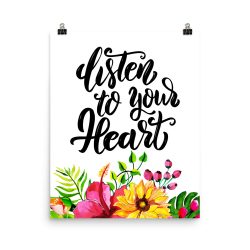 Poster Wall Art Portrait Print - Listen To Your Heart - Watercolor Yellow Pink Hibiscus Flowers
