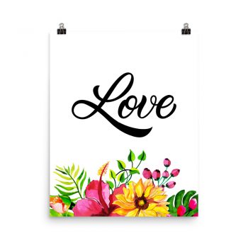 Poster Wall Art Portrait Print - Love - Watercolor Yellow Pink Hibiscus Flowers