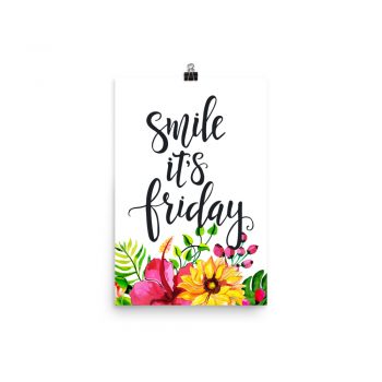 Poster Wall Art Portrait Print - Smile It's Friday - Watercolor Yellow Pink Hibiscus Flowers