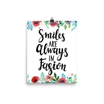 Poster Wall Art Portrait Print - Smiles are Always in Fashion - Watercolor Red Rose Pink Flowers Green Blue Leaves