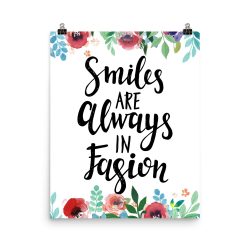 Poster Wall Art Portrait Print - Smiles are Always in Fashion - Watercolor Red Rose Pink Flowers Green Blue Leaves