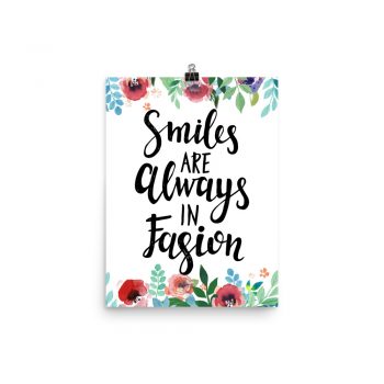 Poster Wall Art Portrait Print - Smiles are Always in Fashion - Watercolor Red Rose Pink Flowers Green Blue Leaves