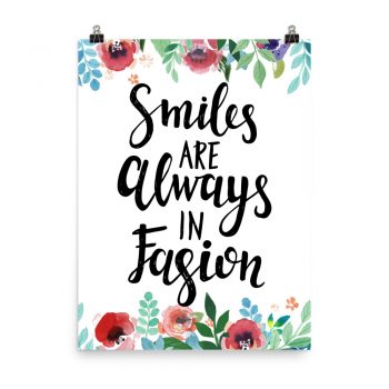 Poster Wall Art Portrait Print - Smiles are Always in Fashion - Watercolor Red Rose Pink Flowers Green Blue Leaves