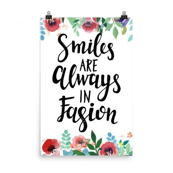 Poster Wall Art Portrait Print - Smiles are Always in Fashion - Watercolor Red Rose Pink Flowers Green Blue Leaves