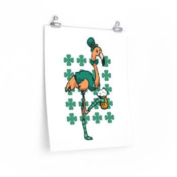 Wall Art Posters Prints - St Patricks Flamingo Drinking Beer Clover