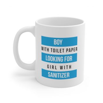 White Coffee Mug - Boy With Toilet Paper Looking For Girl Wtih Sanitizer