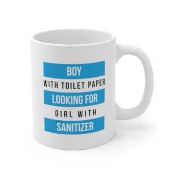 White Coffee Mug - Boy With Toilet Paper Looking For Girl Wtih Sanitizer