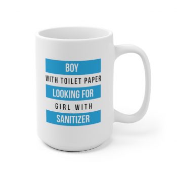 White Coffee Mug - Boy With Toilet Paper Looking For Girl Wtih Sanitizer