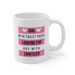 White Coffee Mug - Boy With Toilet Paper Looking For Girl Wtih Sanitizer
