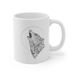 White Coffee Mug - Wolf Howling at the Moon Drawing