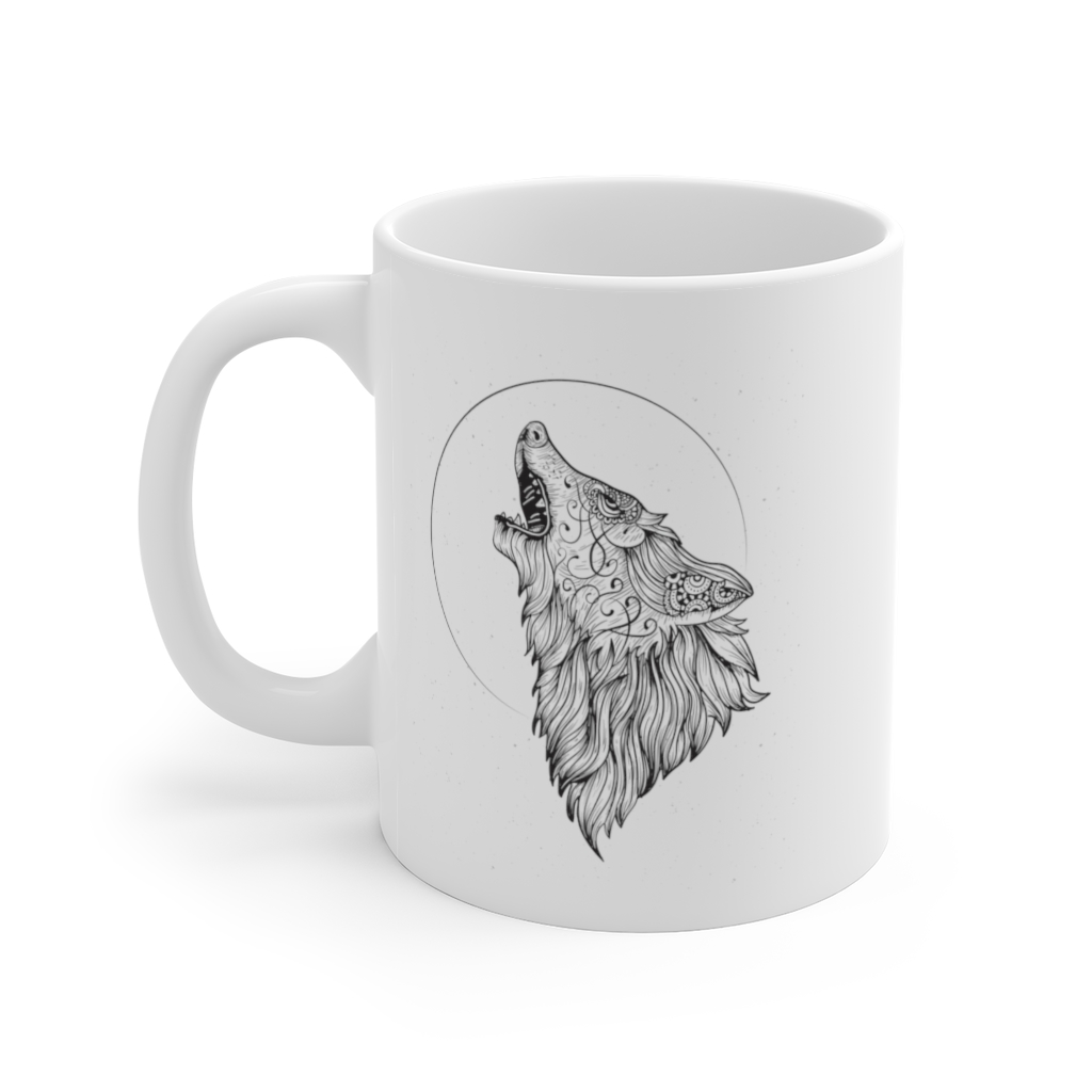 White Coffee Mug – Wolf Howling at the Moon Drawing | Custom Art Creations